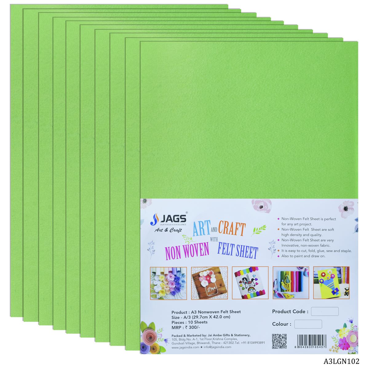 Gift To Love | Nonwoven Felt | Color : Light Green | Size : A3 | Pcs : 10 Sheets | Code : A3LGN102
