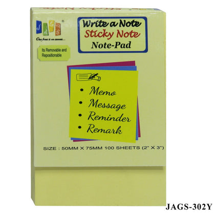 Gift To Love | Sticky Note Pad | Color : Yellow | Size : 50 X 75 Mm | Pcs : 100 Sheets | Code : JAGS-302Y