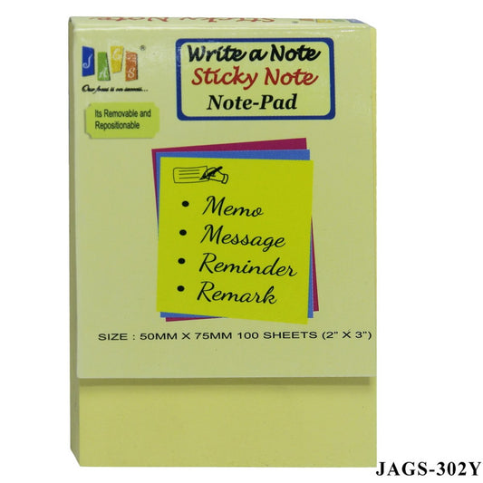 Gift To Love | Sticky Note Pad | Color : Yellow | Size : 50 X 75 Mm | Pcs : 100 Sheets | Code : JAGS-302Y