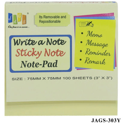 Gift To Love | Sticky Note Pad | Color : Yellow | Size : 75 X 75 Mm | Pcs : 100 Sheets | Code : JAGS-303Y