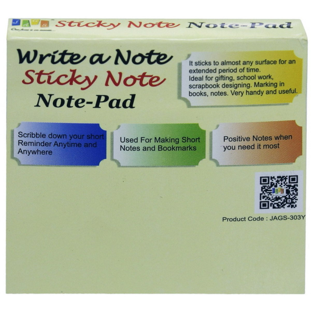 Gift To Love | Sticky Note Pad | Color : Yellow | Size : 75 X 75 Mm | Pcs : 100 Sheets | Code : JAGS-303Y