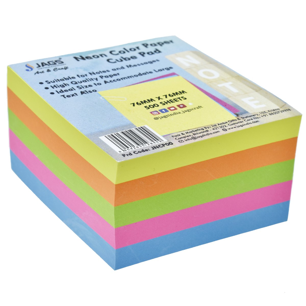 Gift To Love | Neon Color Paper Cube Pad | Size : 3 X 3 Inch | Pcs : 250 Sheets | Code : JNCP00