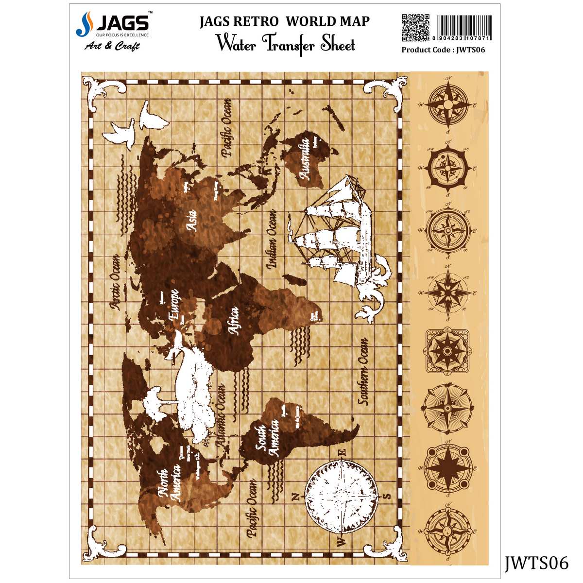 Gift To Love | Water Transfer Sheet Retro World Map | Code : JWTS06