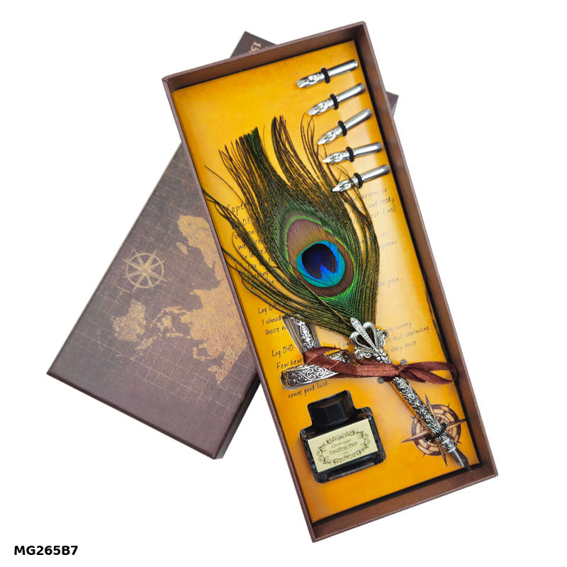 Gift To Love | Peacock Feather Fountain Pen Box Set | Color : Silver | Code : MG265B7