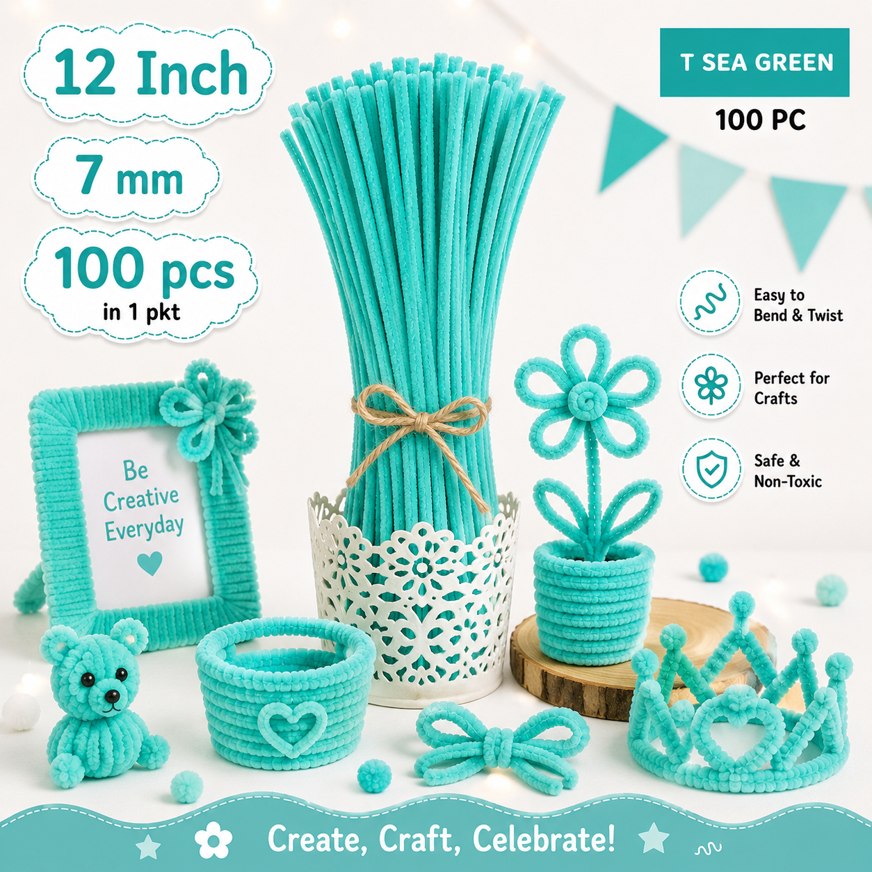 Gift To Love | Craft Pipe Cleaner | Color : Sea Green | Size : 7 Mm X 30 Cm | Pcs : 100 Pcs | Code : MG3814