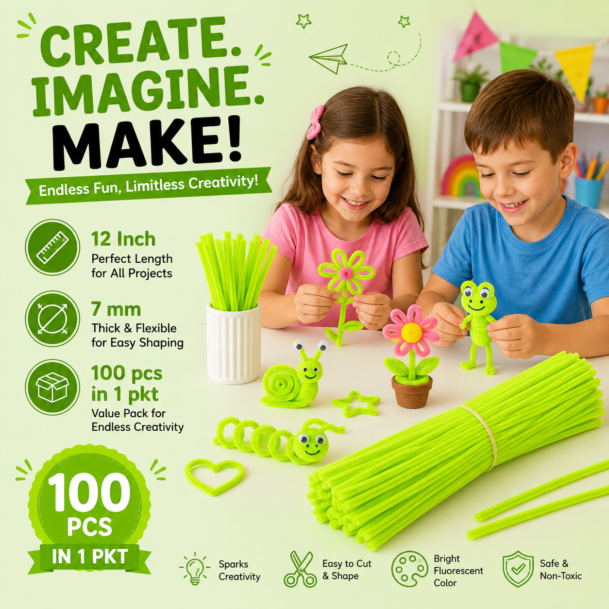 Gift To Love | Craft Pipe Cleaner | Color : Fluorescent Green | Size : 7 Mm X 30 Cm | Pcs : 100 Pcs | Code : MG3845