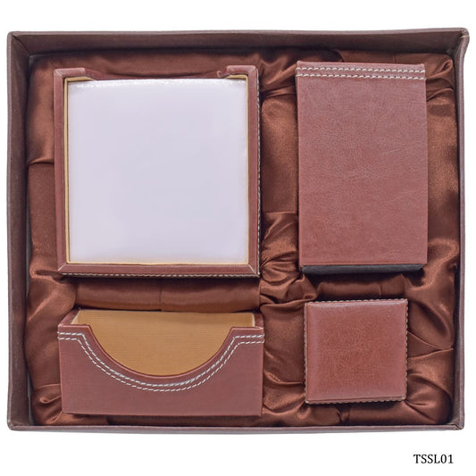 Gift To Love | Table Stationery Set Leatherite | Color : Brown | Pcs : Set Of 4 Pcs | Code : TSSL01