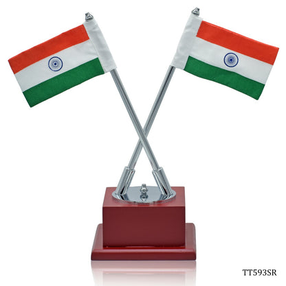 Gift To Love | Table  Cross Flag With Wooden Stand | Color : Silver | Size : 9 Inch | Code : TT593SR