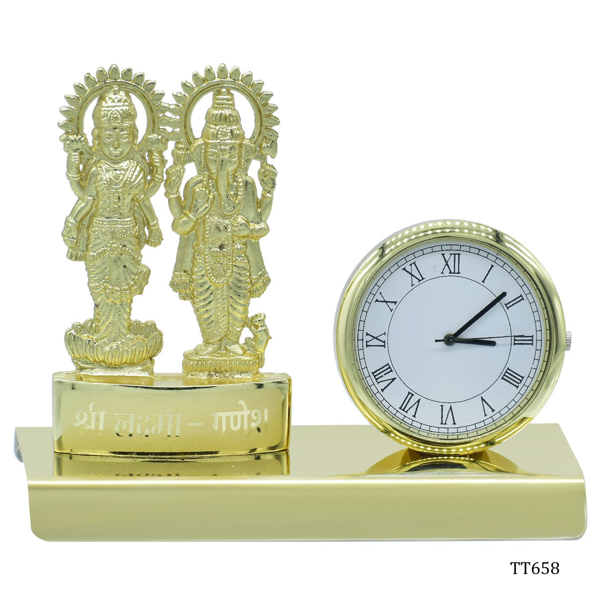 Gift To Love | Desktop Shri Laxmi Ganesh With Watch | Color : Gold | Code : TT658