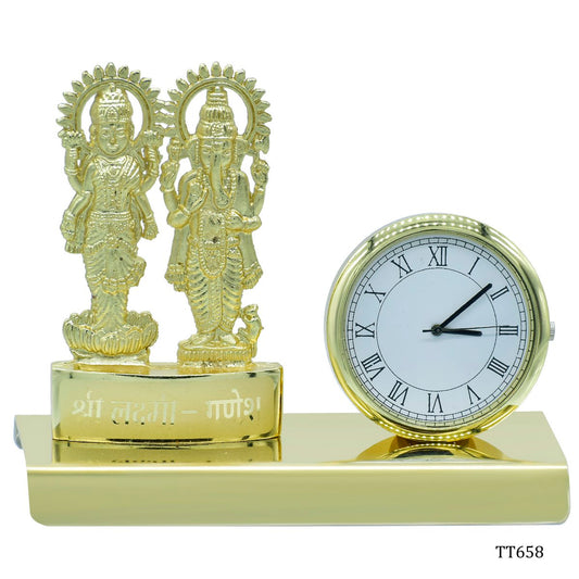Gift To Love | Desktop Shri Laxmi Ganesh With Watch | Color : Gold | Code : TT658