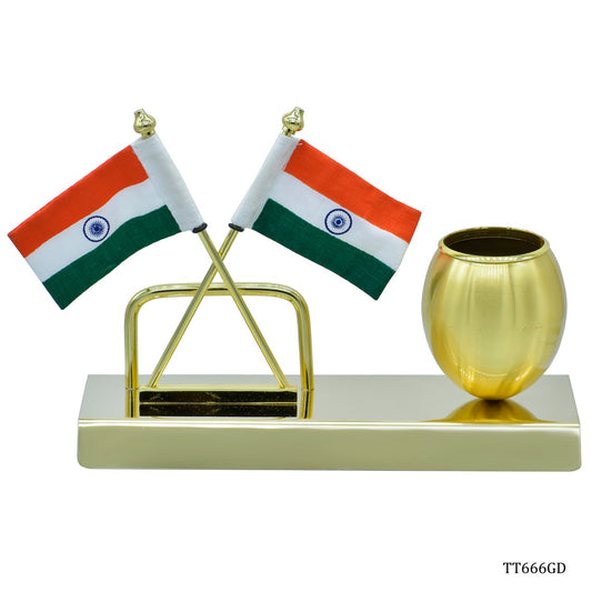 Gift To Love | Desktop Flag With Pen Stand & Visiting Card Holder | Color : Golden | Code : TT666GD