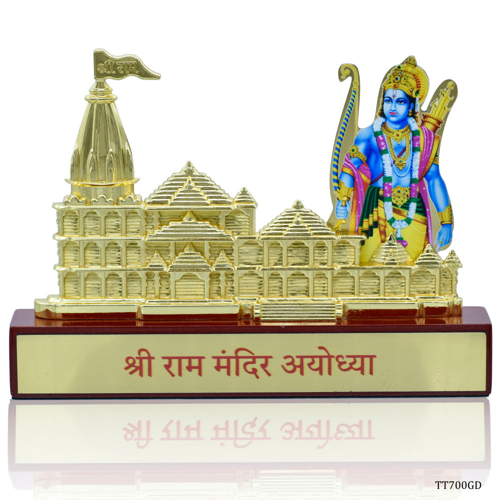 Gift To Love | Shri Ram Mandir Wooden Base With Photo | Color : Gold | Code : TT700GD