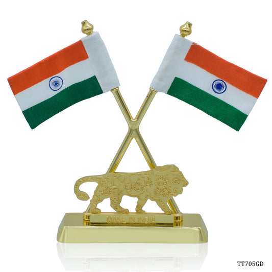 Gift To Love | Table  Cross Flag With Make In India | Color : Golden | Code : TT705GD