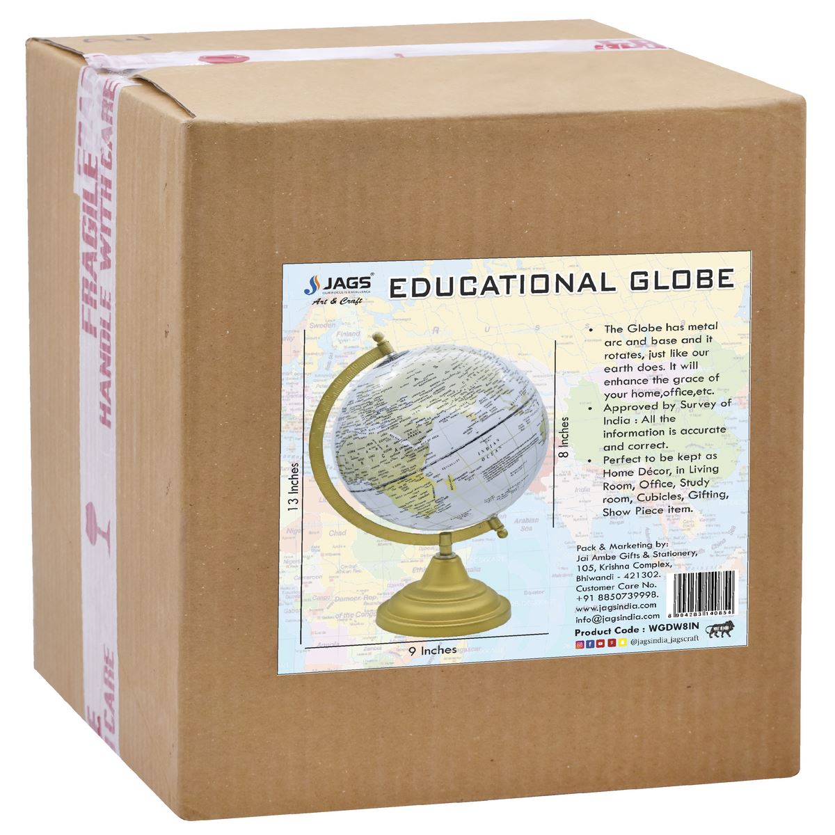 Gift To Love | World Globe Decorative | Color : White | Size : 8 Inch | Code : WGDW8IN