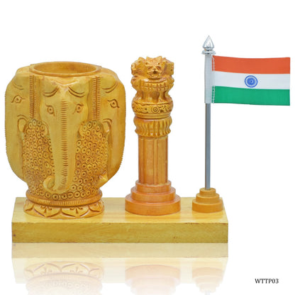 Gift To Love | Wooden Table  Pen Stand With Ashok Chakra Elephant | Code : WTTP03